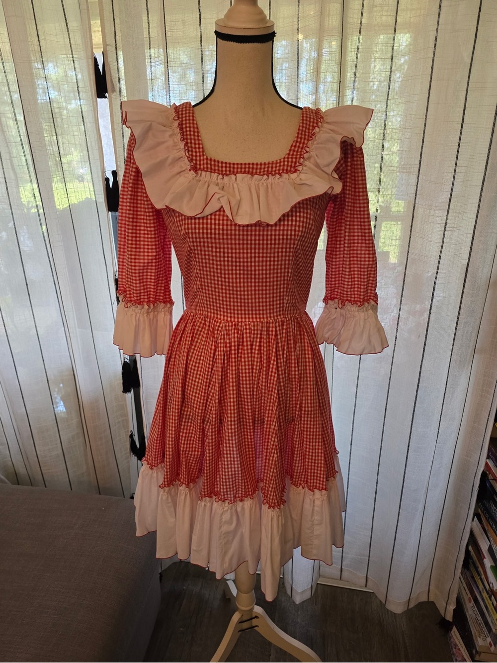 Red Gingham Midi Dress with White Ruffle Trim